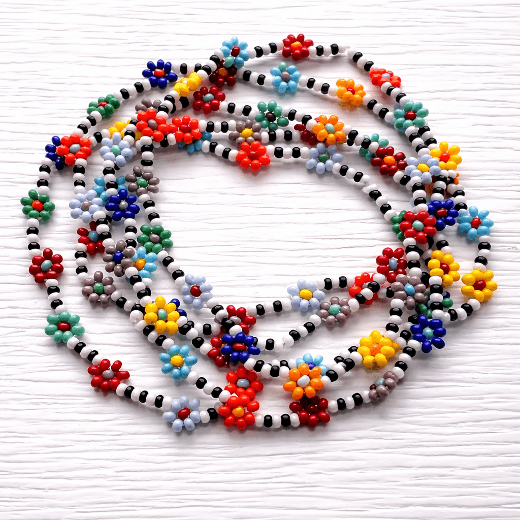 Beaded Daisy Bracelet – Handcrafted Black White Striped Colorful Festival Jewelry - Stones + Paper