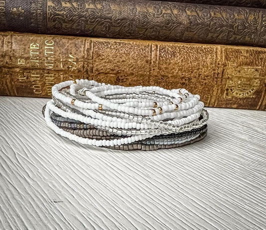 Boho Bracelet Stack Neutral Seed Beads Handmade Stretch Design Minimalist Jewelry Collection Stackable Beaded Bracelets Everyday Arm Candy Dainty Glass Bead Details Versatile Layering Options Mix And Match Pieces Unisex Accessory Gift