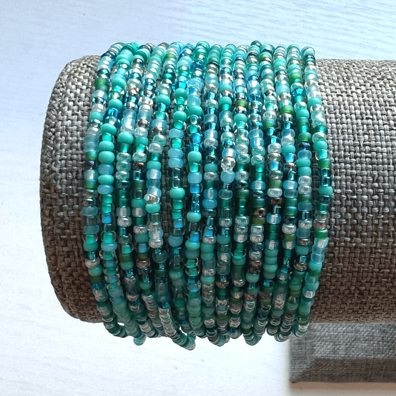 Aqua Mix Seed Bead Stretch Bracelets - Stones + Paper