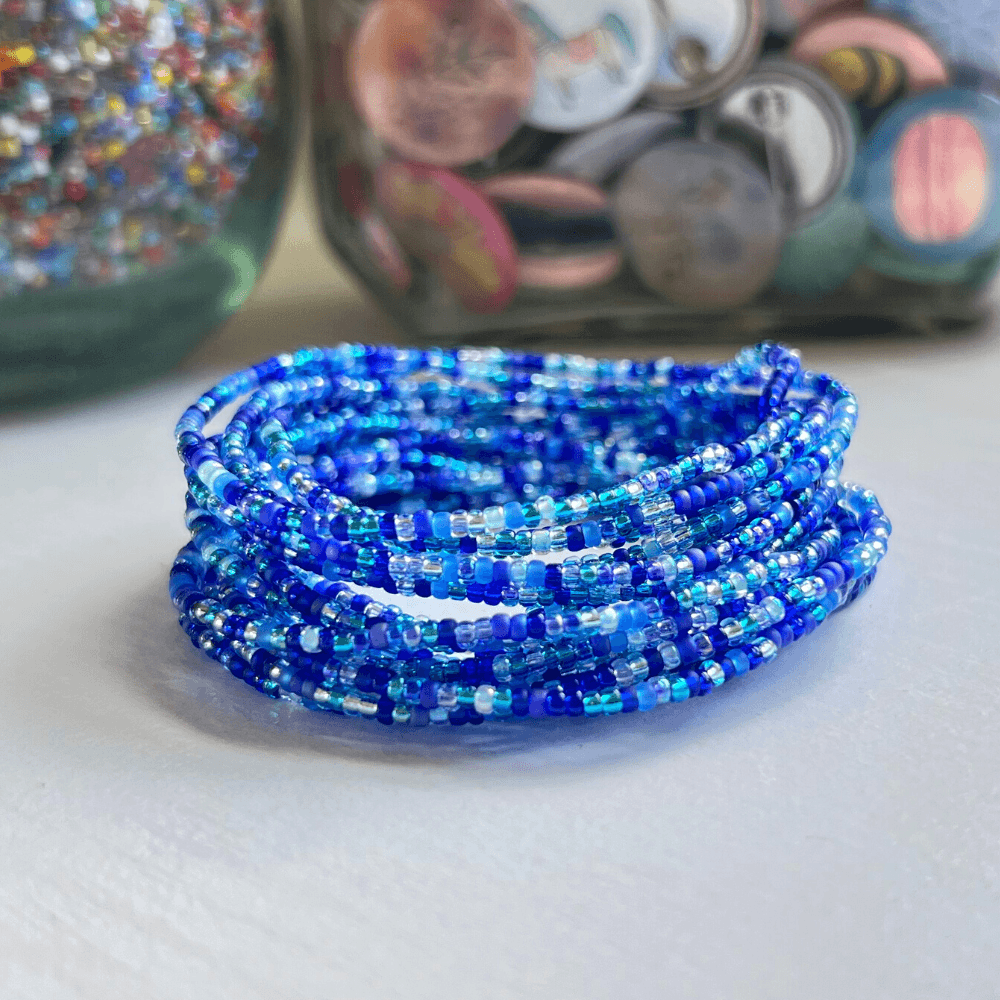 Fashion Forward Bracelet Blue Celestial Design Seed Bead Construction Stretch Band Comfort Stackable Style Option Everyday Wear Jewelry Handmade Quality Piece Durable Elastic Material Small Bead Details Casual Outfit Enhancement Beach Ready
