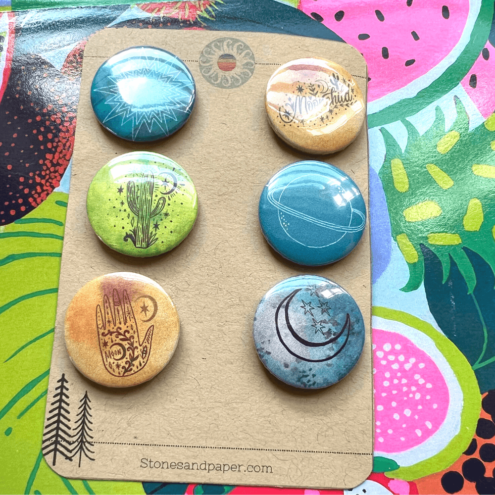 Celestial theme 1 inch pins - Stones + Paper