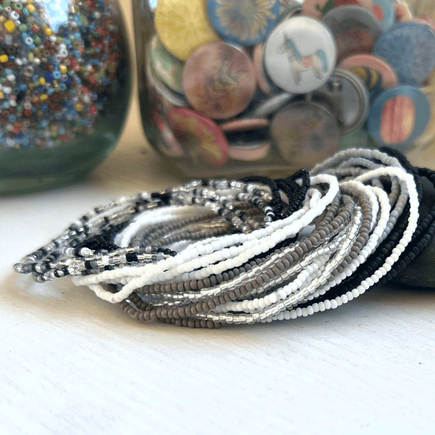 Cool Neutral Collection Seed Bead Stretch Bracelets - Stones + Paper