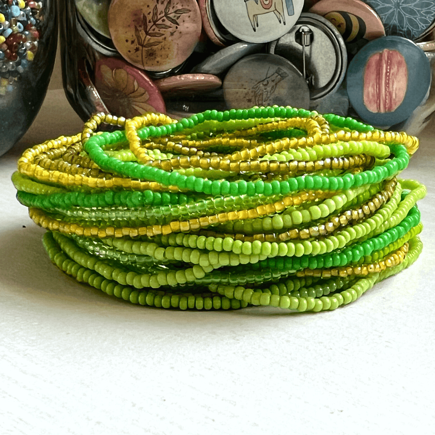 Green Collection Seed Bead Stretch Bracelets - Stones + Paper