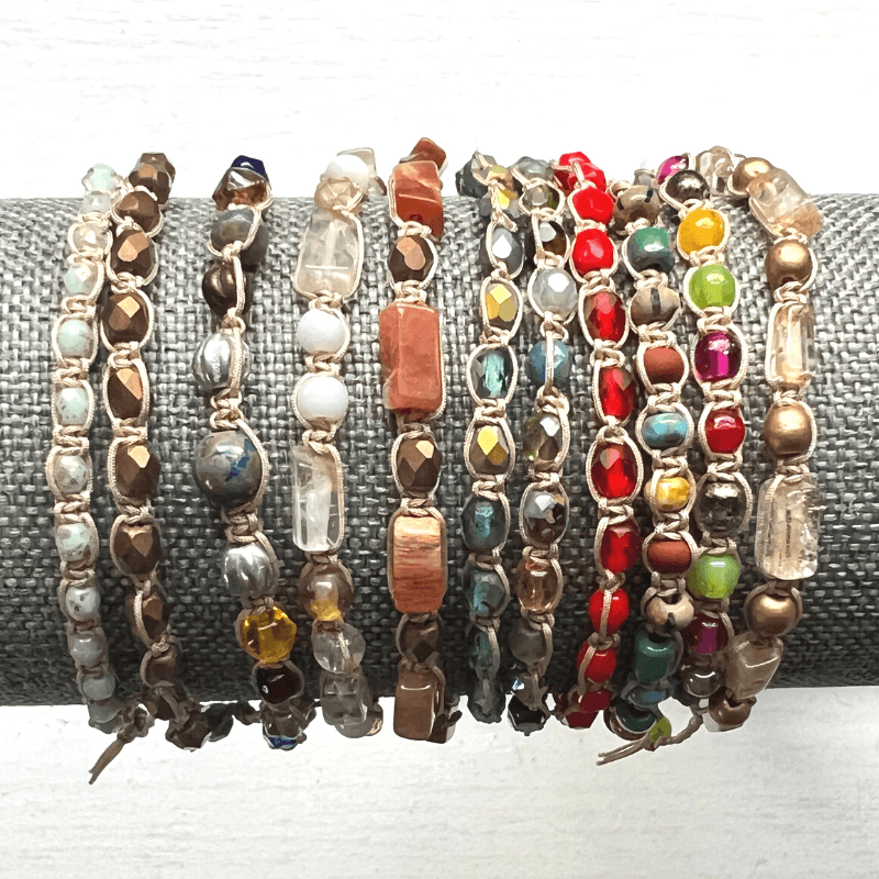 Macrame Faceted Glass Bead Adjustable Bracelet - Stones + Paper