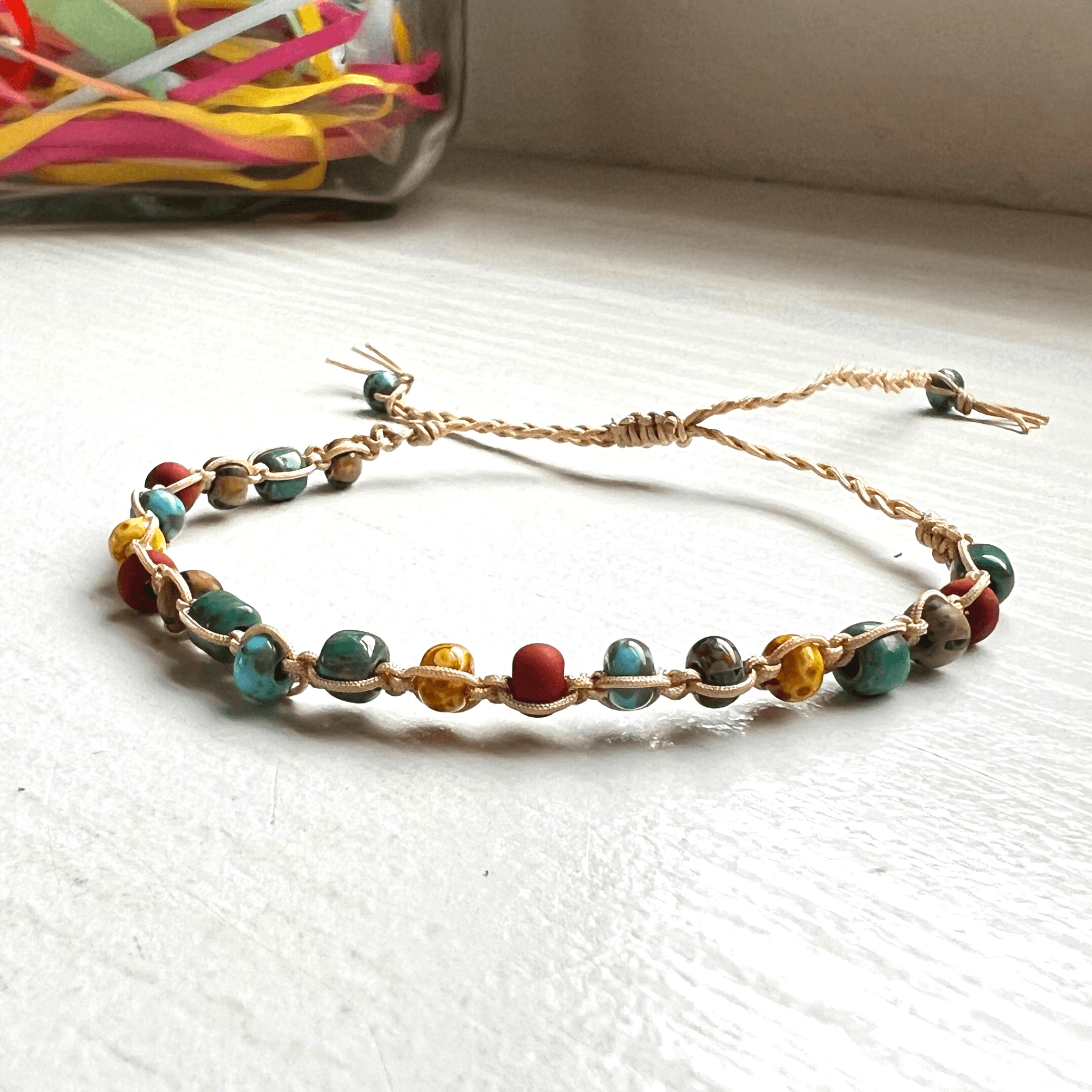 Macrame Faceted Glass Bead Adjustable Bracelet