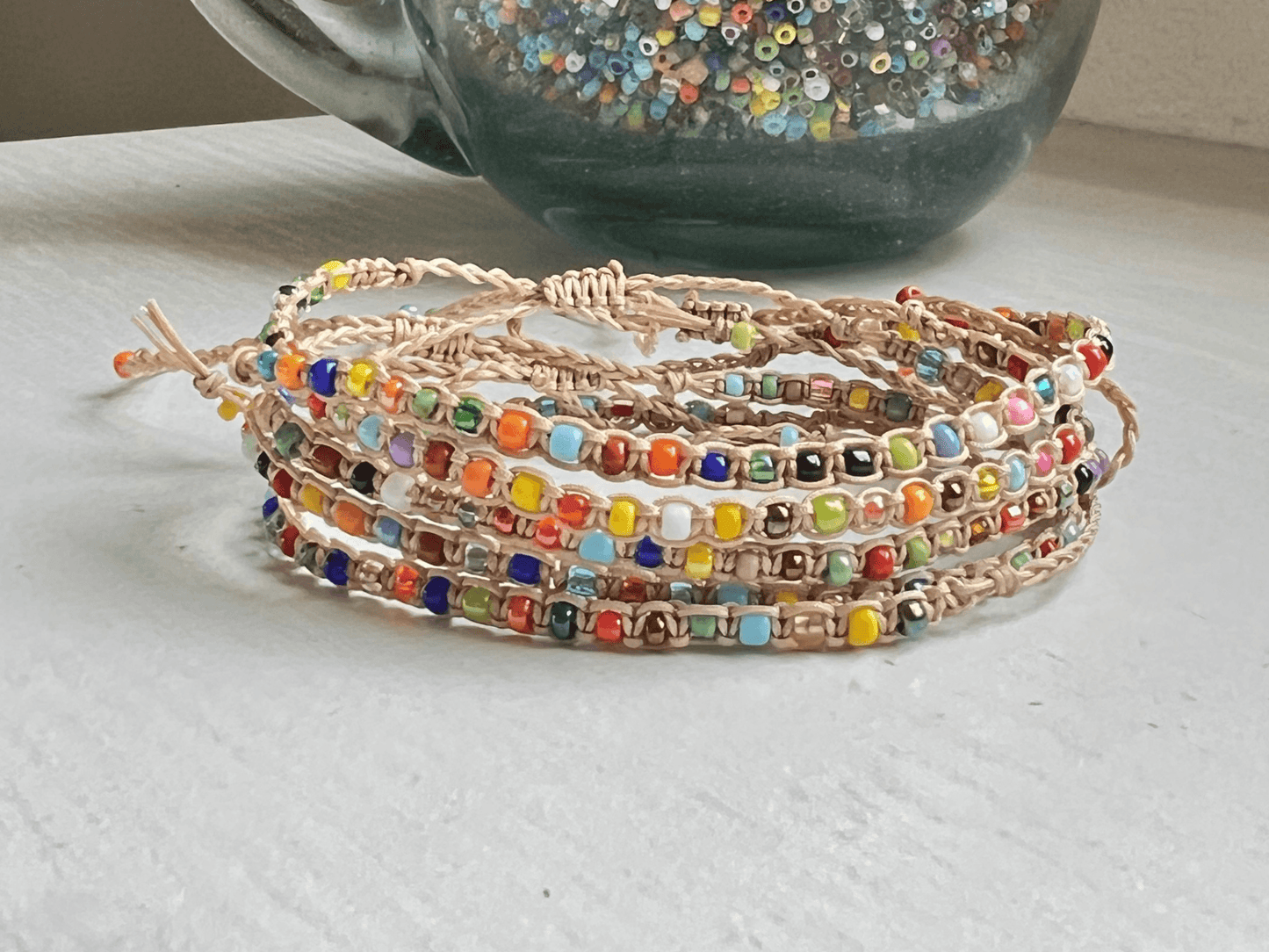 Macrame Glass Seed Bead Adjustable Bracelet - Stones + Paper