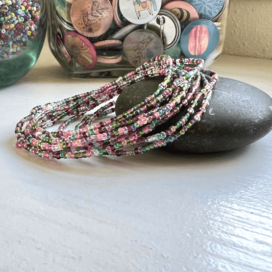 Spring Meadow Bracelet Colorful Seed Bead Design Glass Beaded Jewelry Handmade Elastic Band Stretch Fit Comfort Vibrant Color Palette Nature Inspired Tones Small Size Beads Delicate Appearance Casual Accessory Everyday Wearable Piece