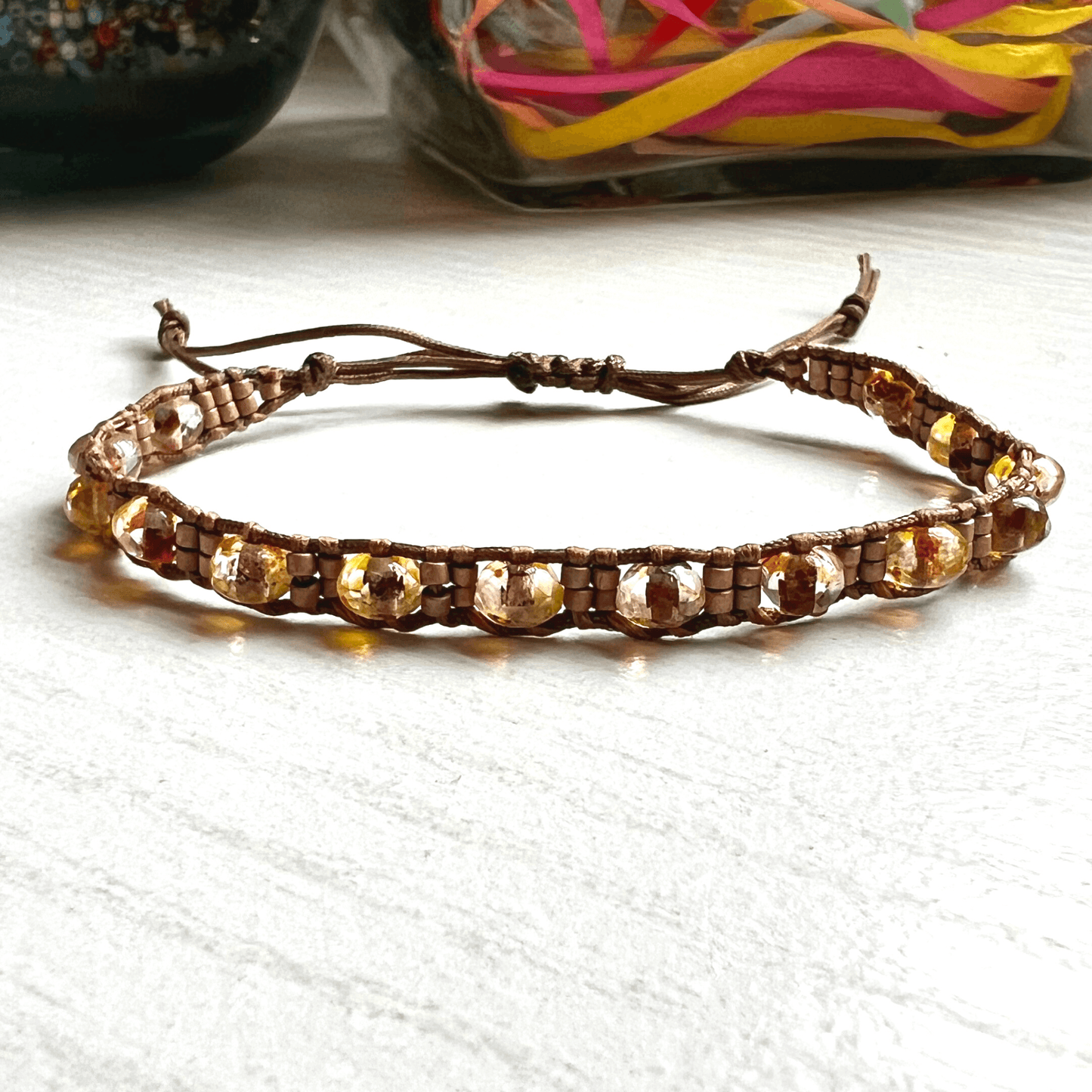 Miyuki & Czech Glass Woven Beaded Adjustable Bracelet - Stones + Paper