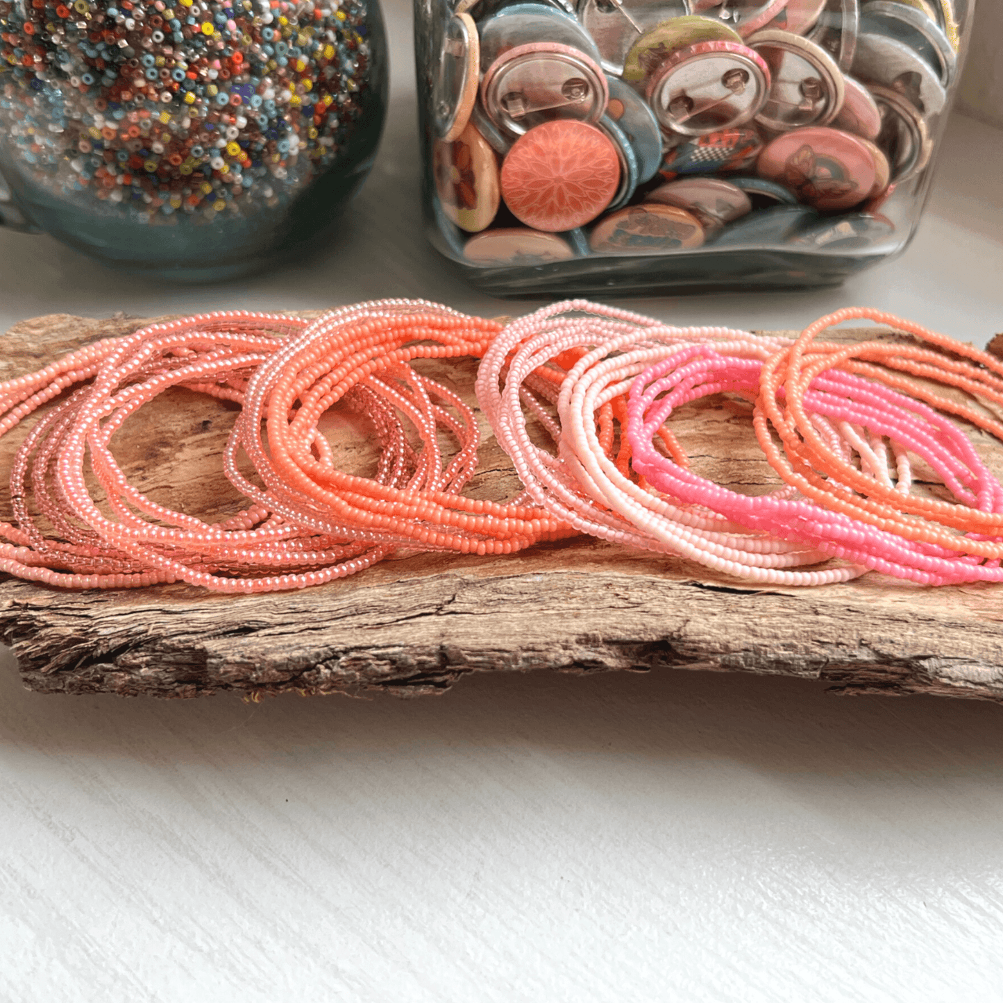 Peachy Pink Collection Seed Bead Stretch Bracelets - Stones + Paper