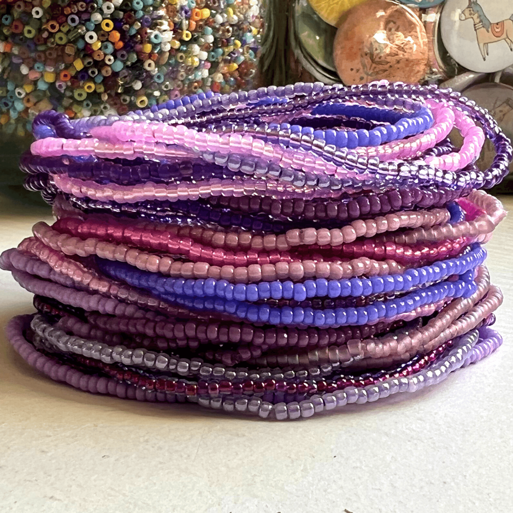 Purple Collection Seed Bead Stretch Bracelets Stones Paper