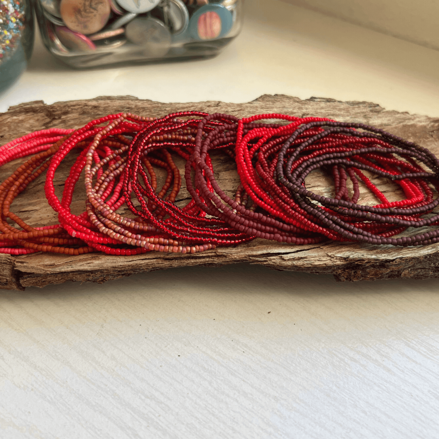 Red Collection Seed Bead Stretch Bracelets - Stones + Paper
