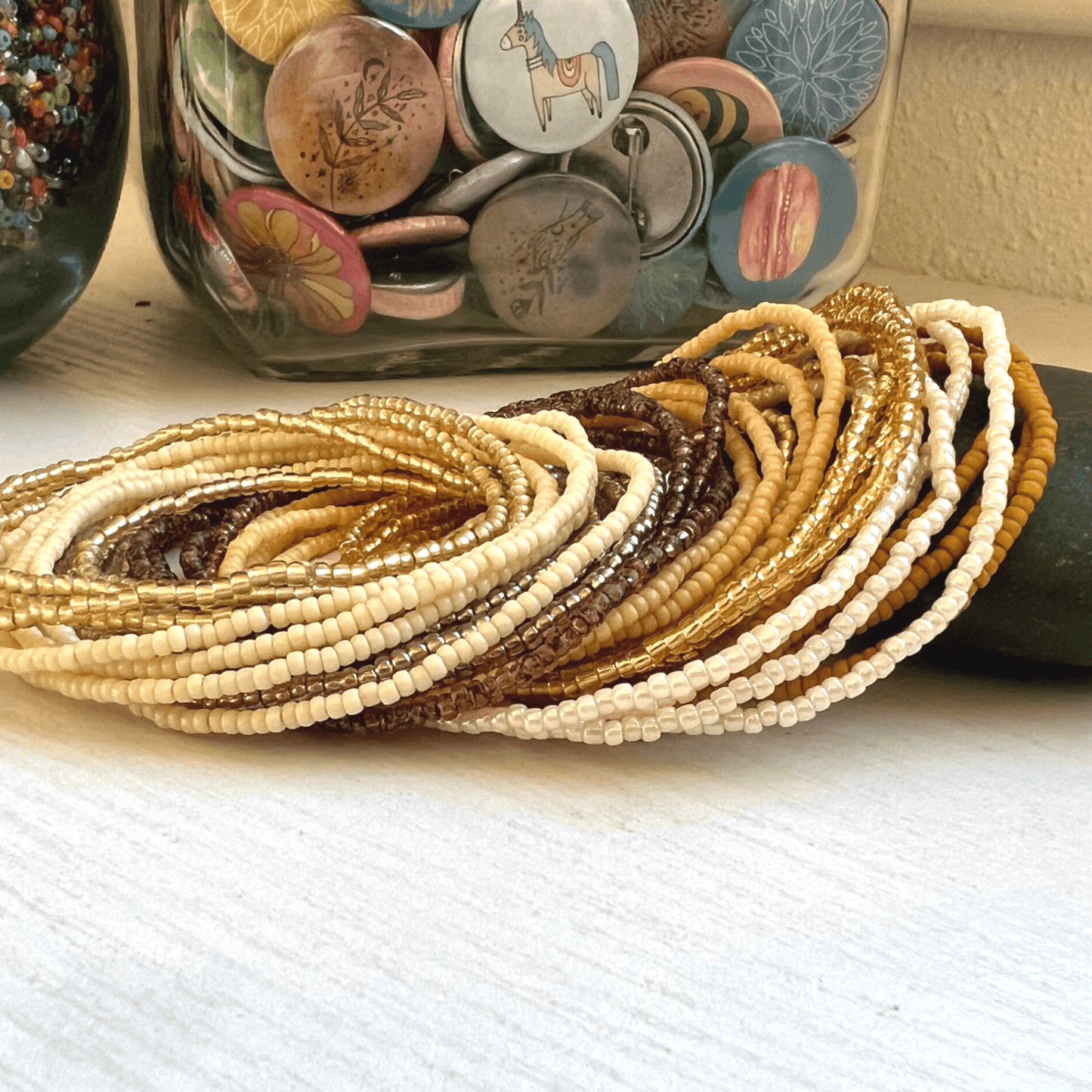 Warm Neutral Collection Seed Bead Stretch Bracelets - Stones + Paper