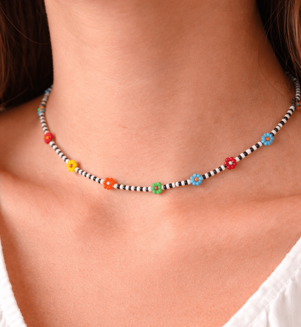 Beaded Daisy Bracelet – Handcrafted Black White Striped Colorful Festival Jewelry - Stones + Paper