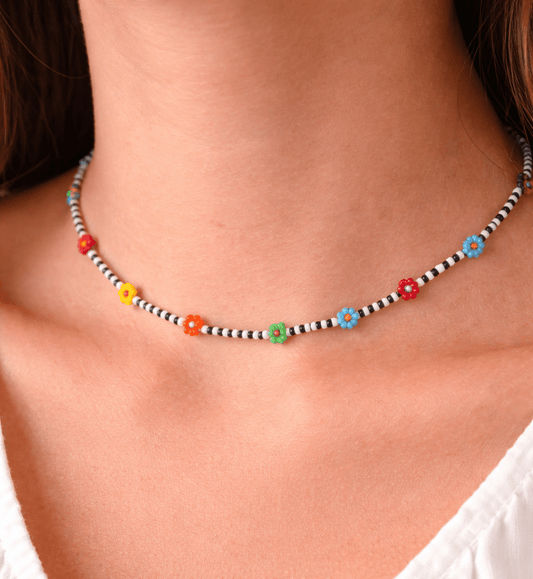 Beaded Daisy Bracelet – Handcrafted Black White Striped Colorful Festival Jewelry - Stones + Paper