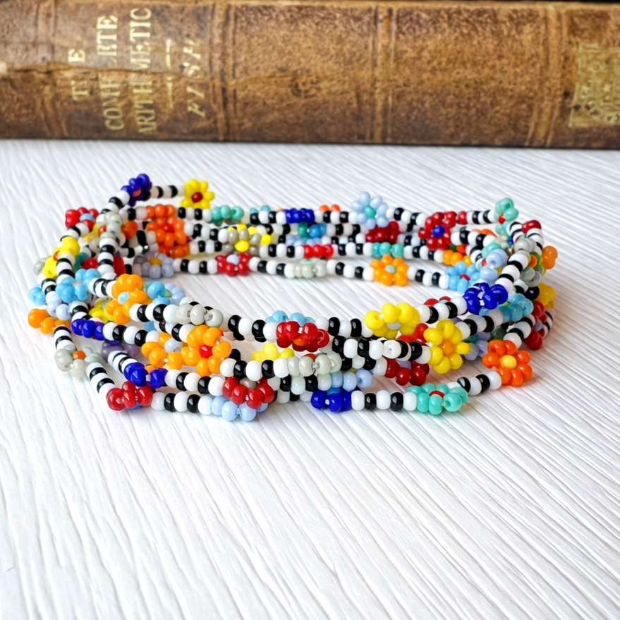 Beaded Daisy Bracelet – Handcrafted Black White Striped Colorful Festival Jewelry - Stones + Paper