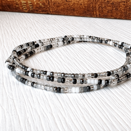 Black White Bead Bracelet – Minimalist 2mm Glass Seed Stretch Design - Stones + Paper