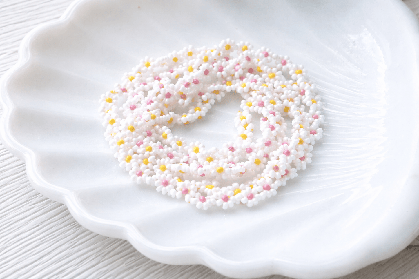 Daisy Chain Bracelet – Handmade Glass Seed Bead Spring Summer Stretch Accessory - Stones + Paper