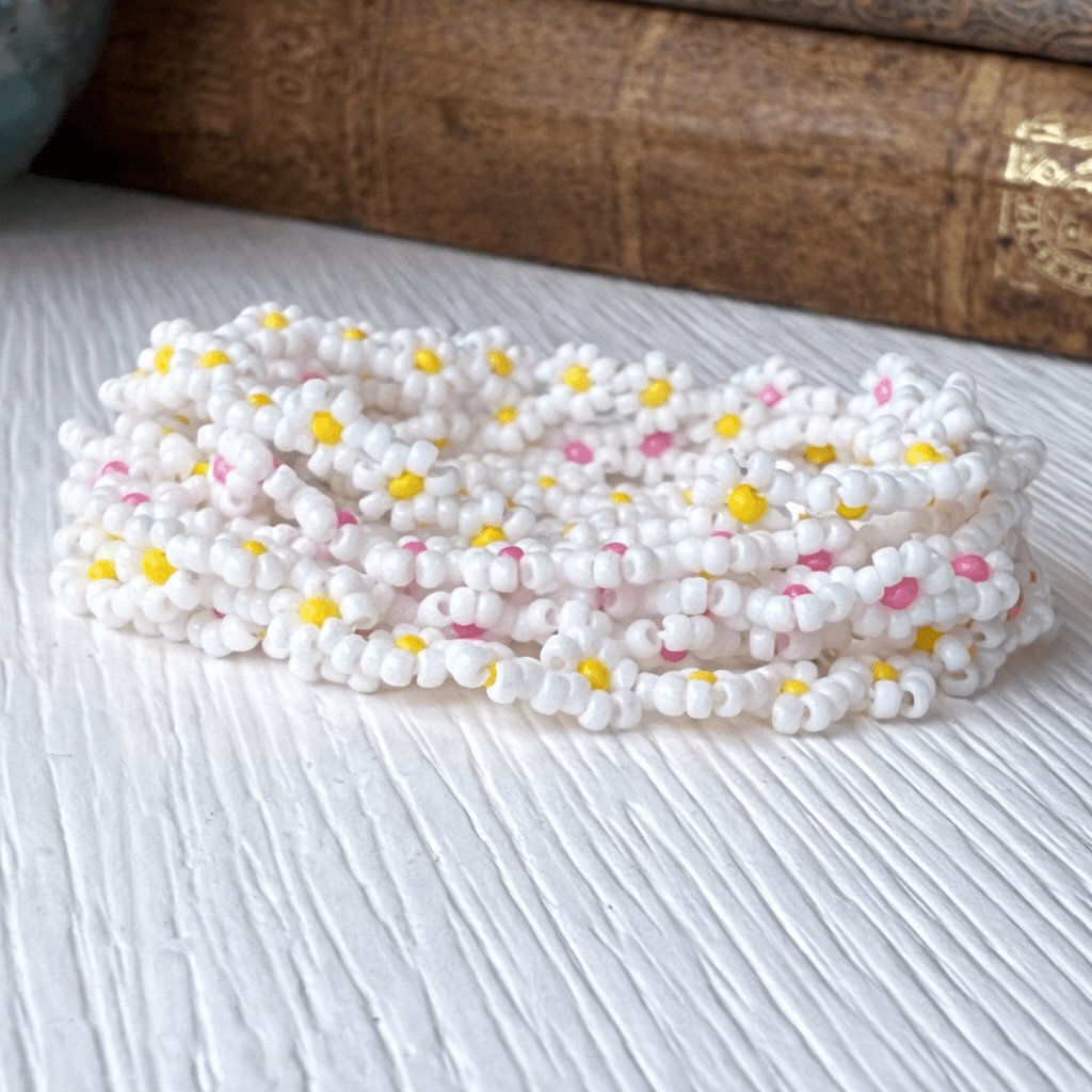 Daisy Chain Bracelet – Handmade Glass Seed Bead Spring Summer Stretch Accessory - Stones + Paper