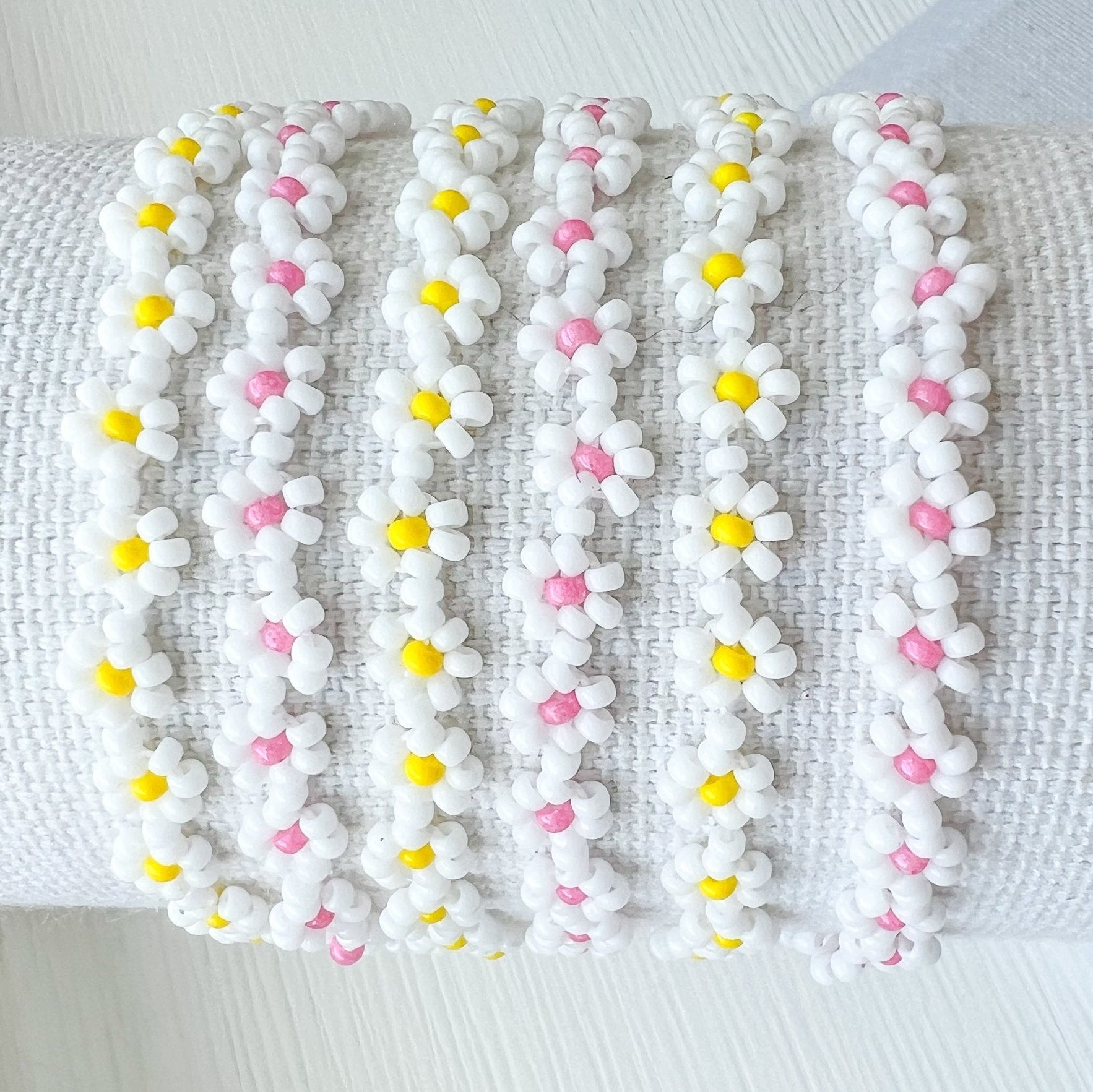 Daisy Chain Bracelet – Handmade Glass Seed Bead Spring Summer Stretch Accessory - Stones + Paper