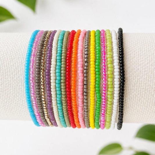 Glass Seed Bead Bracelet – Stretch Stackable Single Strand - Stones + Paper