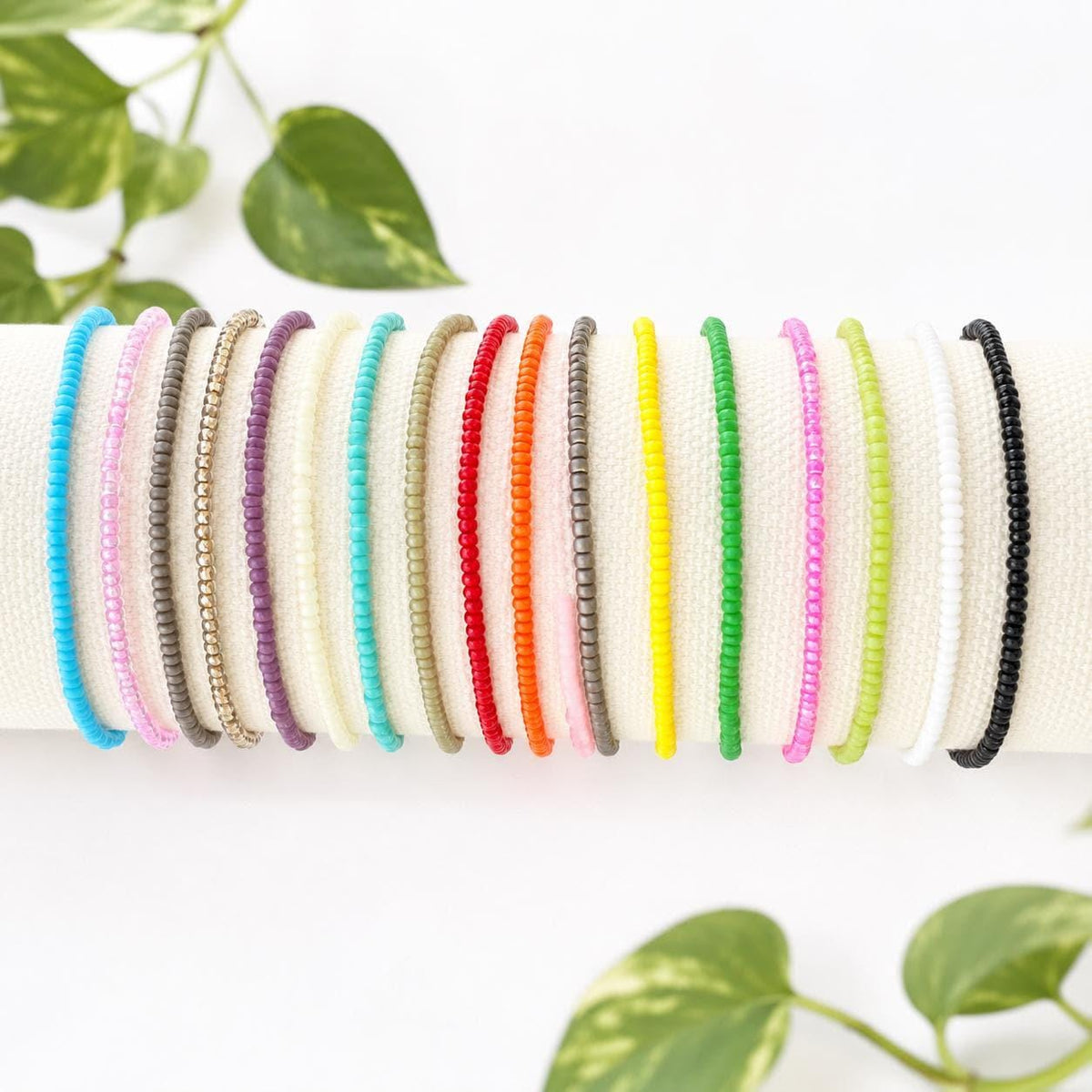 Glass Seed Bead Bracelet – Stretch Stackable Single Strand - Stones + Paper