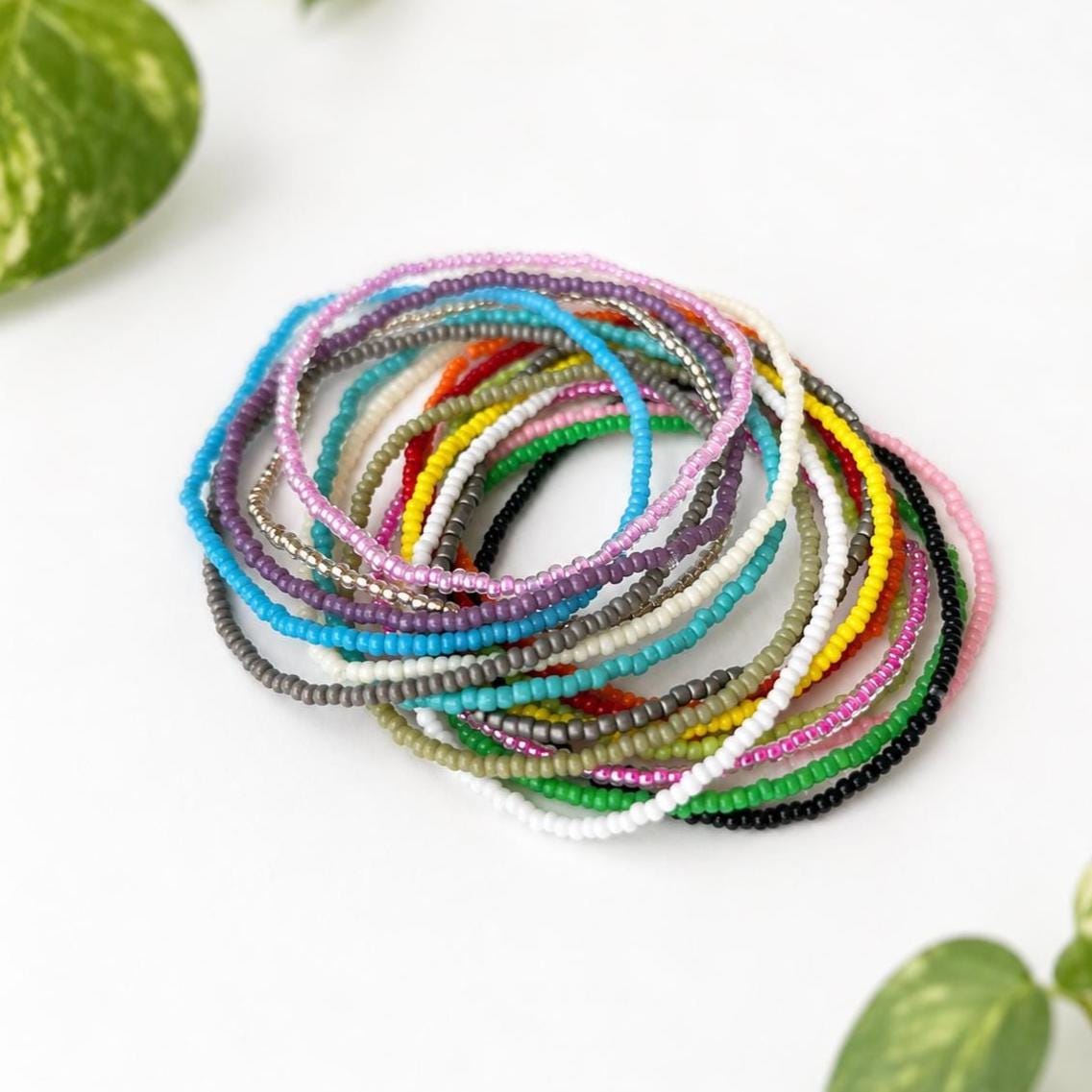 Glass Seed Bead Bracelet – Stretch Stackable Single Strand - Stones + Paper