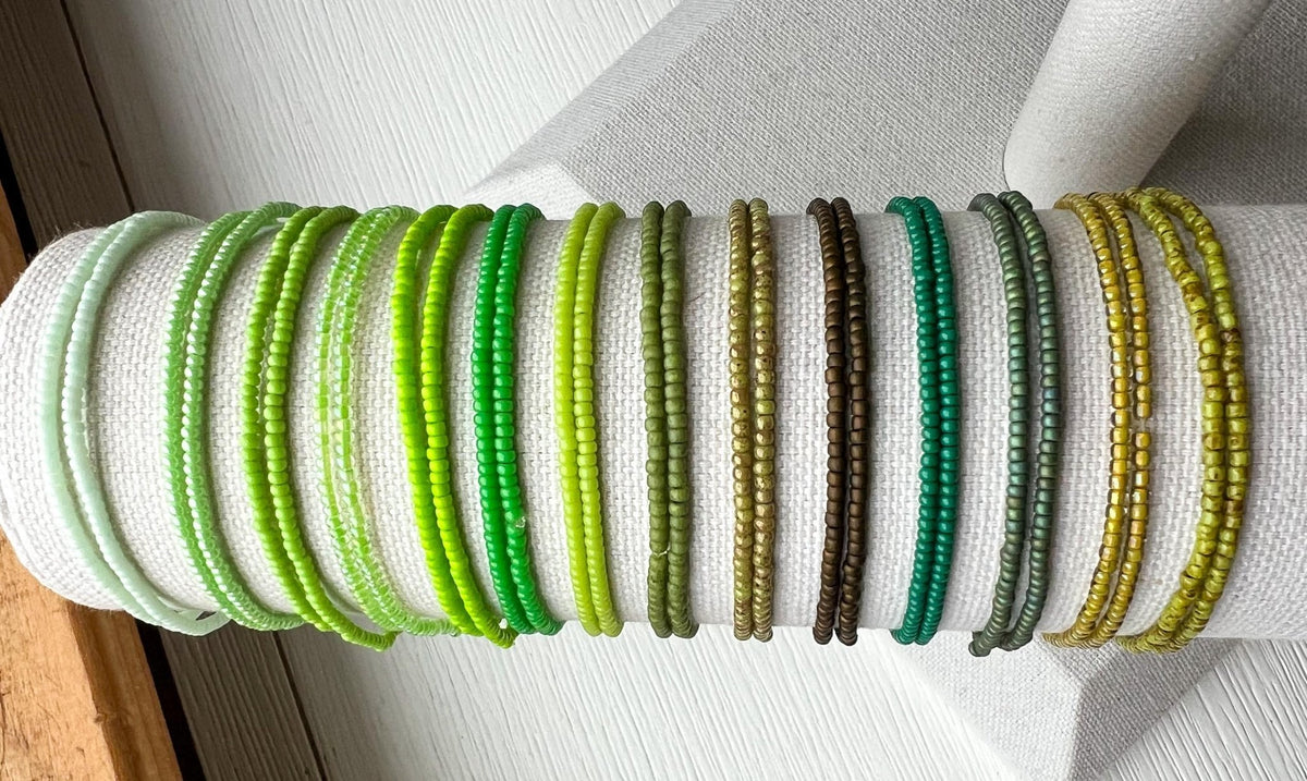Green Bead Bracelet – Stretch Stackable Seed Bead Boho Jewelry - Stones + Paper