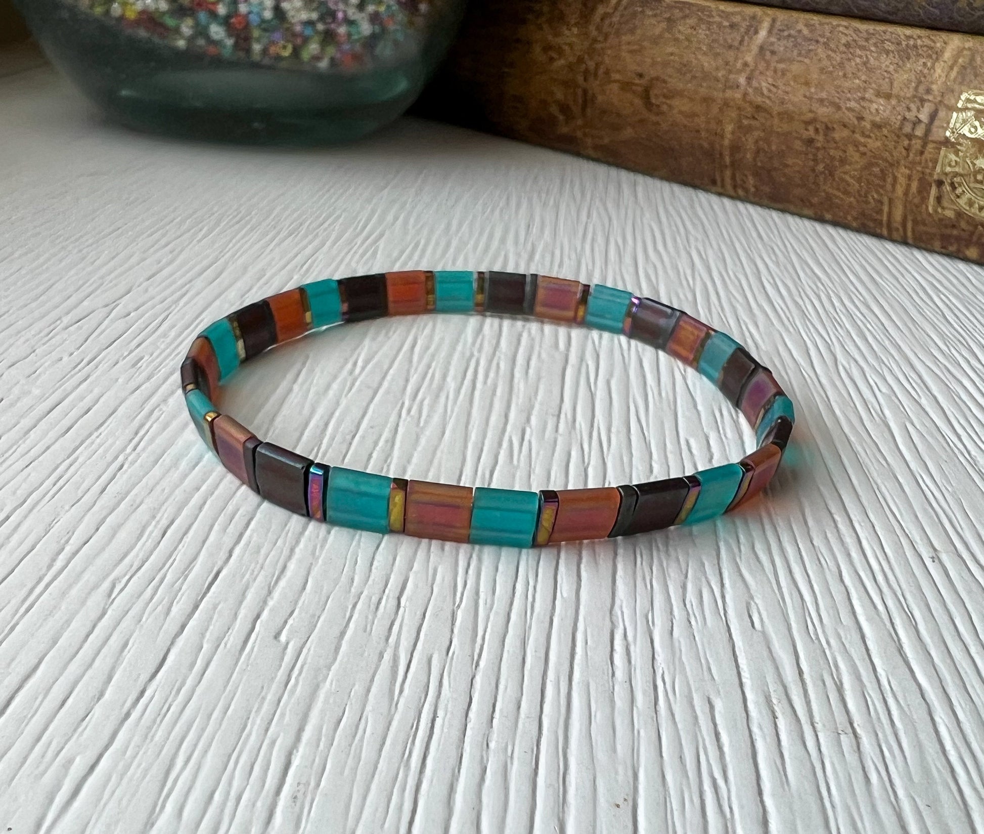 Memory Wire Wrap Bracelet Handmade Miyuki Bead Jewelry Japanese Glass Tile Design Iridescent Beaded Accessory Turquoise Purple Bronze Colors Multi Coil Statement Piece Boho Friendship Bracelet Modern Trendy Style Genuine Tila Beads Metallic