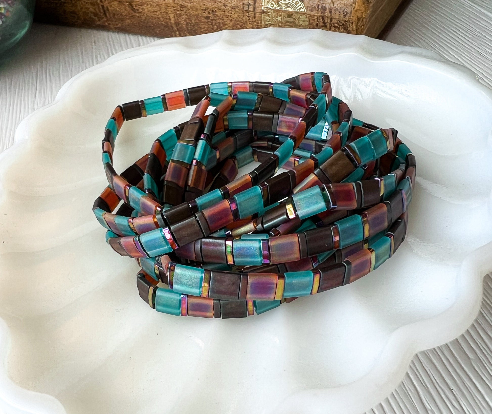 Japanese Miyuki Tila Bead Bracelet Handmade Friendship Jewelry Gift Iridescent Glass Tile Beads Turquoise Purple Bronze Colors Memory Wire Wrap Design Multi Coil Statement Bracelet Boho Beaded Jewelry Modern Casual Accessory Artisan Crafted
