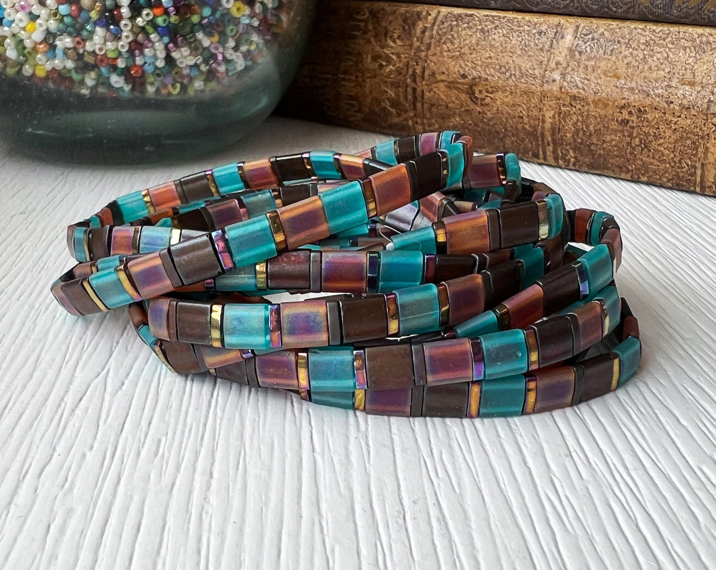 Handmade Miyuki Bead Bracelet Japanese Glass Tile Friendship Jewelry Modern Trendy Design Casual Everyday Wear Genuine Tila Beads From Japan Colorful Iridescent Rectangular Beads Turquoise Purple Bronze Metallic Hues Memory Wire Wrap Style