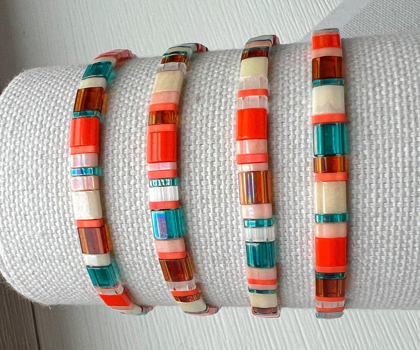 Boho Stackable Bracelet Miyuki Tila Tile Beads Handcrafted Colorful Design Japanese Glass Jewelry Vibrant Multi Color Pattern Stretchy Comfortable Wrist Accessory Everyday Fashion Statement Bohemian Style Gift Idea Friendship Present Mix
