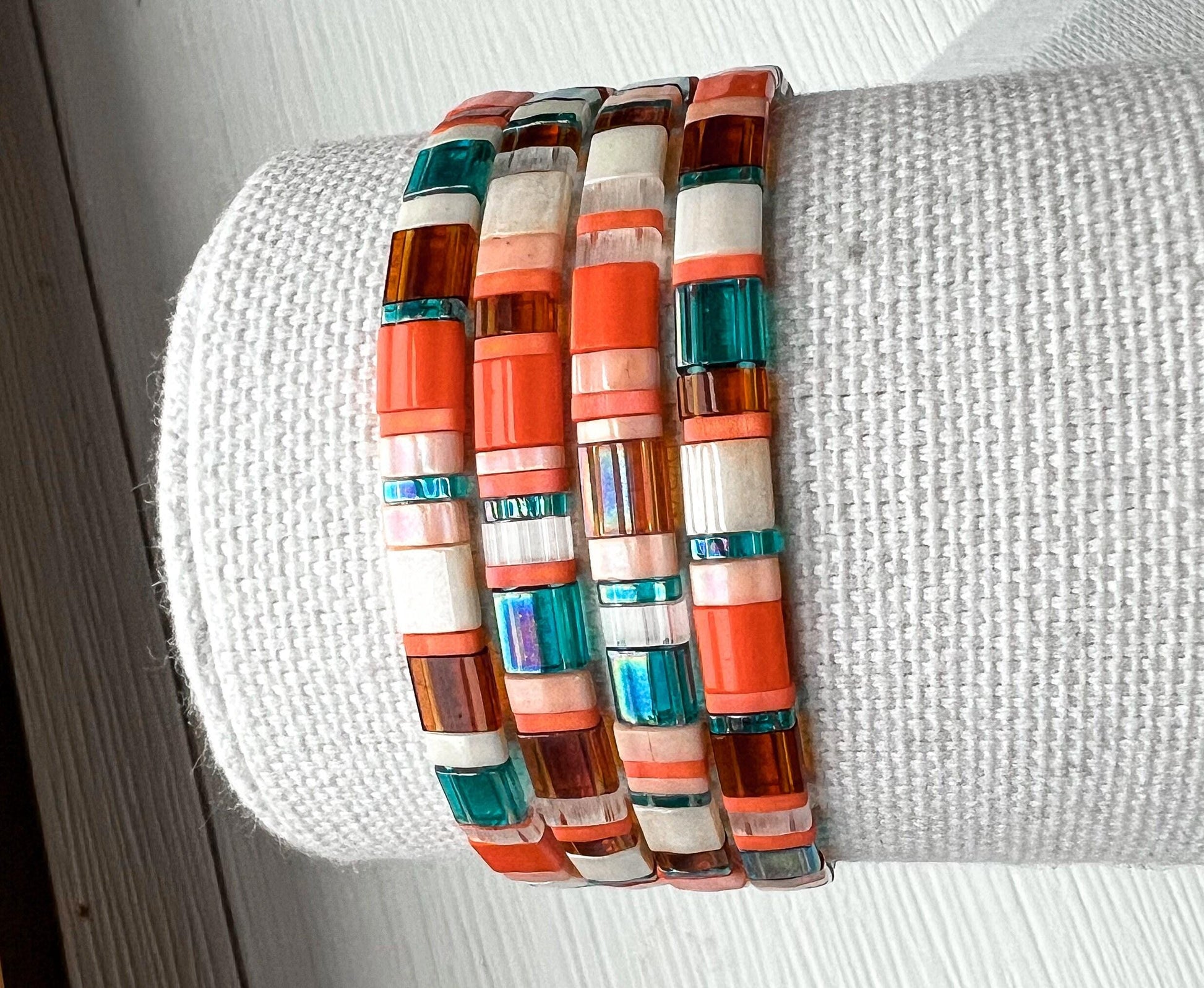 Miyuki Tila Bead Bracelet Handmade Stackable Design Colorful Boho Jewelry Japanese Tile Beads Vibrant Orange Teal Purple Stretchy Comfortable Fit Everyday Accessory Fashion Statement Bohemian Style Gift Friendship Present Mix Match