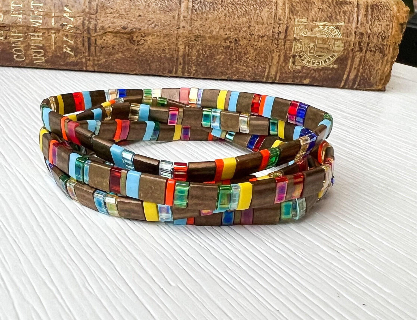 Stackable Boho Bracelet Colorful Tile Beads Miyuki Tila Design Stretch Bracelet Summer Fashion Jewelry Handcrafted Bohemian Accessory Flat Bead Construction Comfortable Daily Wear Vibrant Rainbow Style Layering Jewelry Collection Perfect