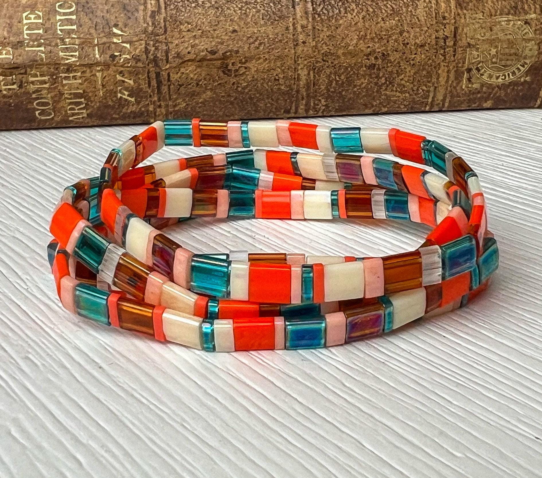 Handmade Miyuki Tila Tile Bead Bracelet Colorful Boho Stack Design Japanese Glass Beads Stackable Friendship Gift Vibrant Orange Teal Purple Pink Brown Everyday Wearable Jewelry Bohemian Style Accessory Stretchy Comfortable Fit Mix Match
