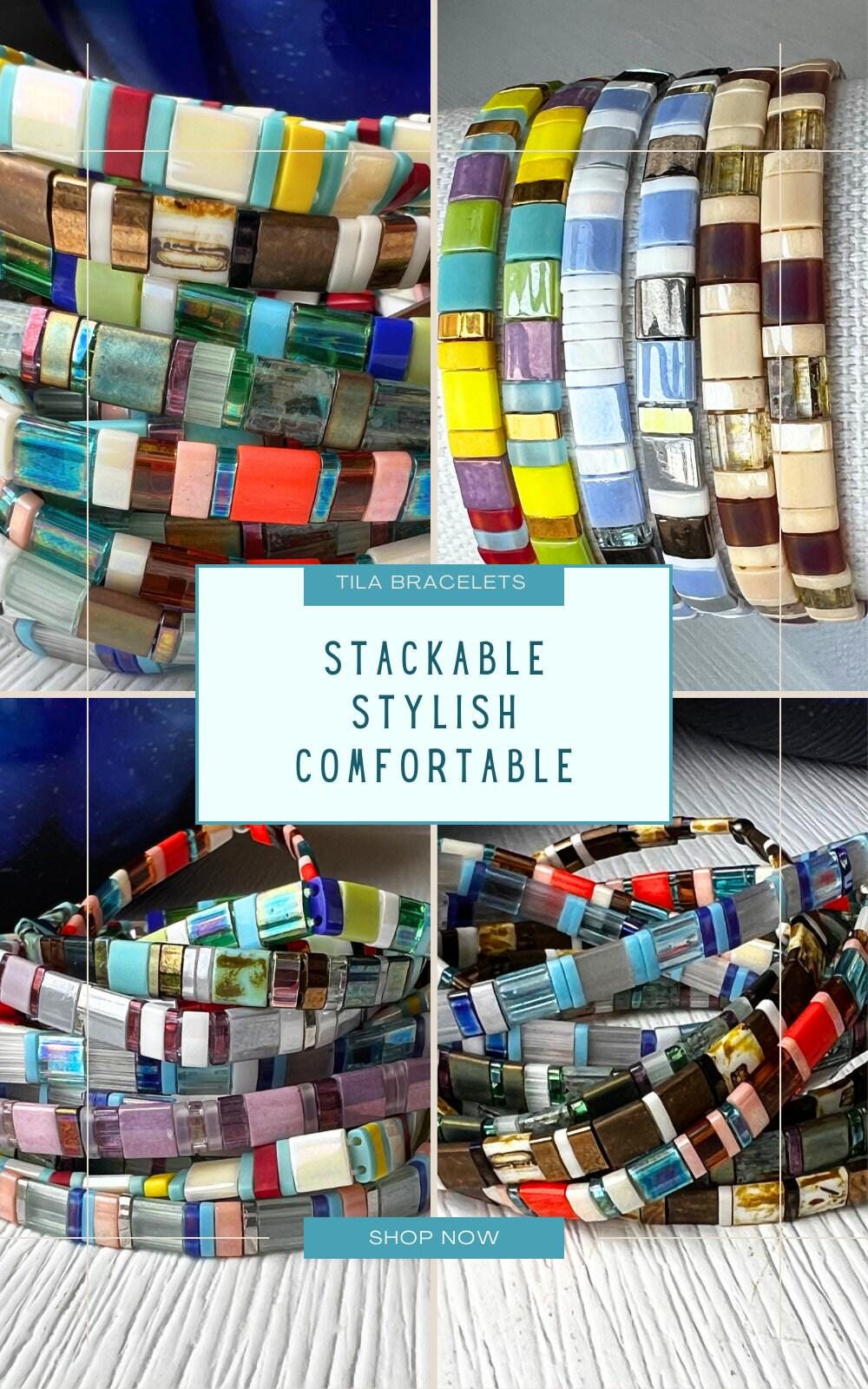 Vibrant Tile Bead Jewelry Miyuki Tila Stackable Bracelet Handmade Boho Design Colorful Japanese Beads Orange Teal Purple Pink Stretchy Comfortable Everyday Wearable Fashion Accessory Bohemian Style Statement Piece Friendship Gift Idea Mix
