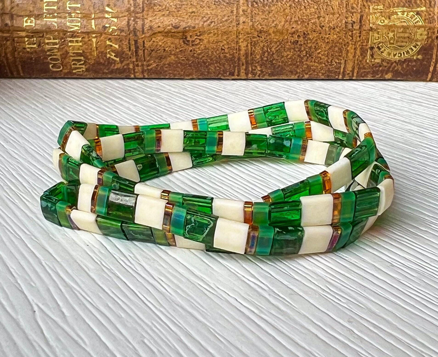 Tila Bead Bracelet Set Green Beaded Handmade Boho Stretch Design Emerald Stone Stack Elastic Band Comfortable Fit Stackable Geometric Pattern Modern Bohemian Wrist Accessory Everyday Casual Fashion Gift Festival Summer Style Layered