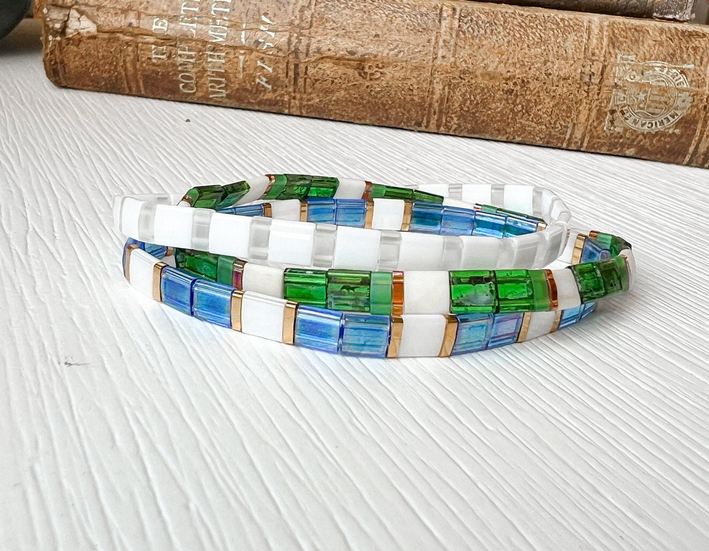 Green Beaded Bracelet – Handmade Boho Stretch Design with Tila Stones