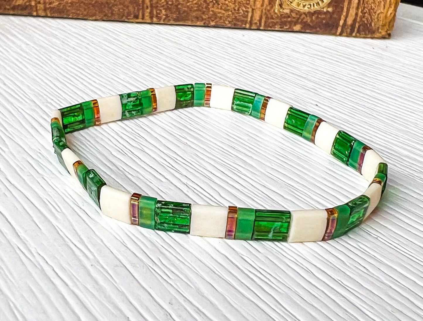 Tila Stone Bracelet Green Beaded Creation Copper Gold Details Bohemian Style Accessory Ethnic Jewelry Design Stretch Band Technology Irish Inspired Pattern Elastic Comfort Fit Wrist Fashion Statement Handcrafted Gift Option Unique Wearable