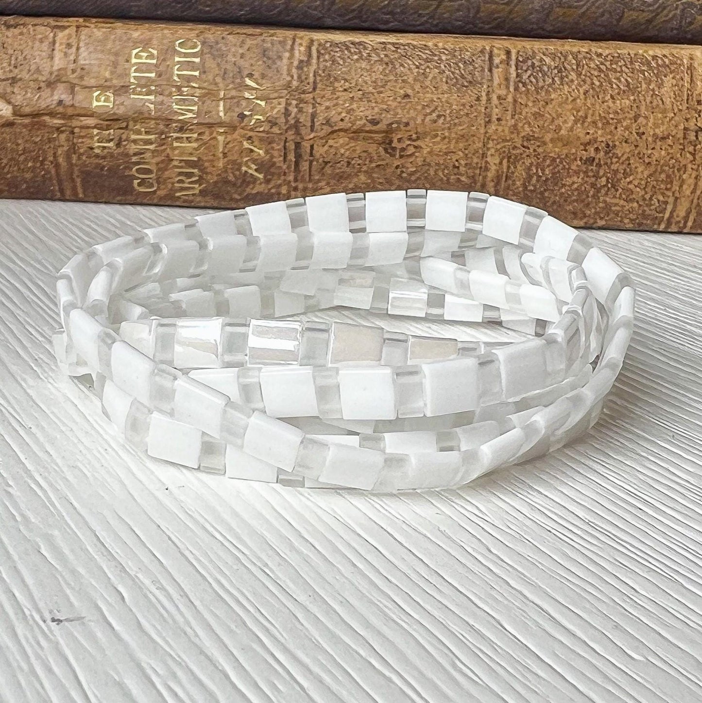 White Beaded Bracelet Set Checkerboard Pattern Design Minimalist Stretch Jewelry Stackable Bracelet Collection Japanese Miyuki Beads Square Tile Design Handcrafted Accessories Everyday Wear Style Layering Bracelet Set Boho Chic Jewelry