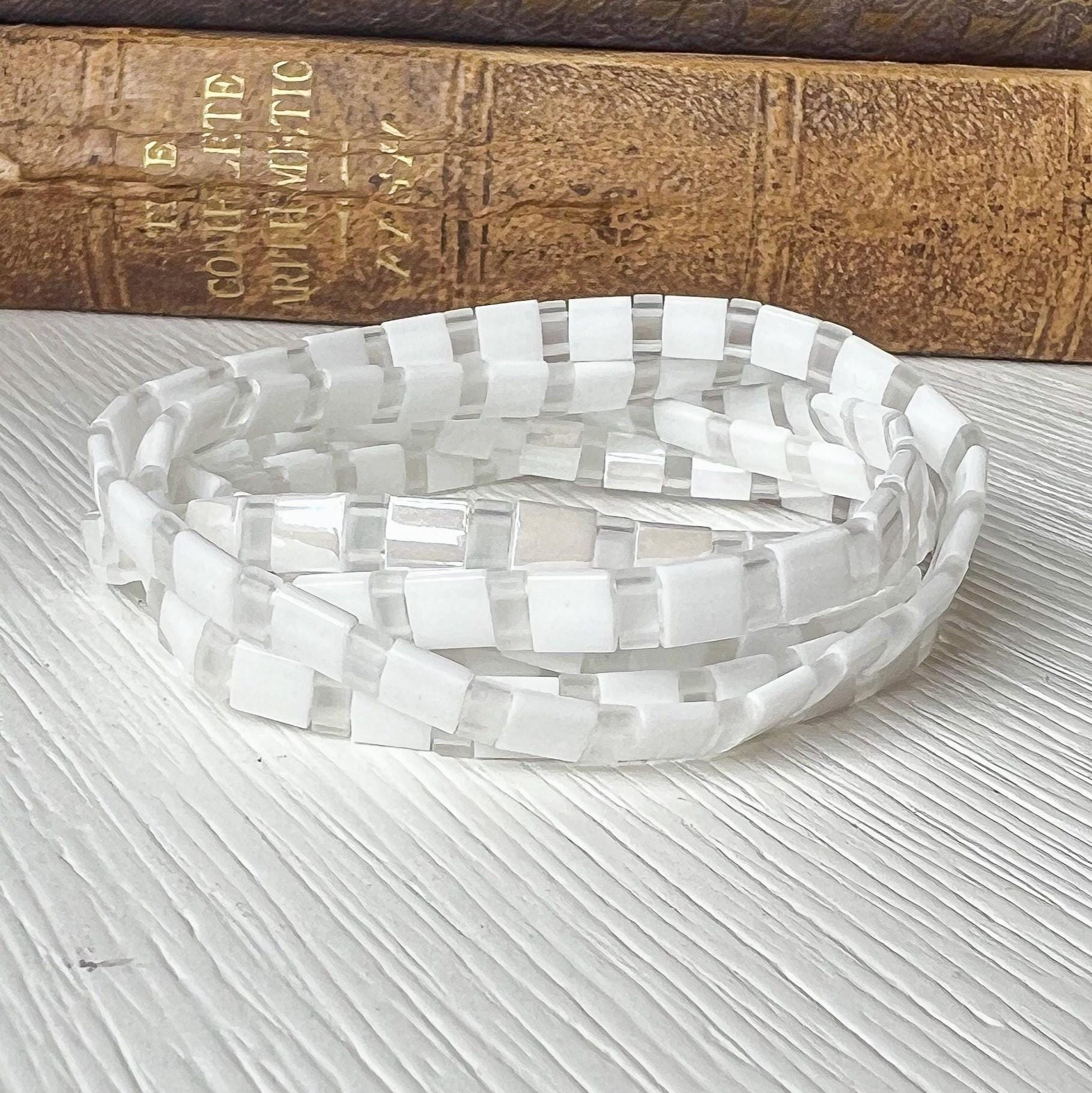 White Beaded Bracelet Set Checkerboard Pattern Design Minimalist Stretch Jewelry Stackable Bracelet Collection Japanese Miyuki Beads Square Tile Design Handcrafted Accessories Everyday Wear Style Layering Bracelet Set Boho Chic Jewelry