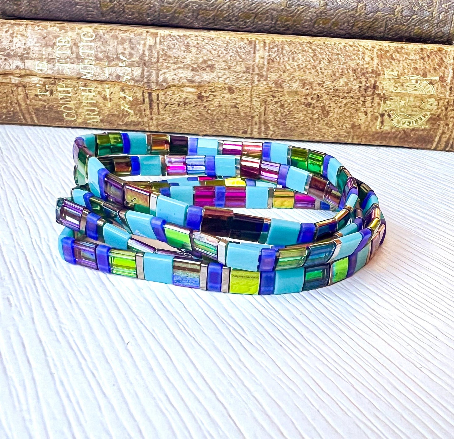 Colorful Boho Bracelet Handmade Beaded Jewelry Miyuki Tile Bead Design Stretch Wrist Band Rainbow Color Pattern Friendship Bracelet Gift Japanese Glass Beads Vibrant Bohemian Style Accessory Comfortable Daily Wear Fashion Jewelry Women