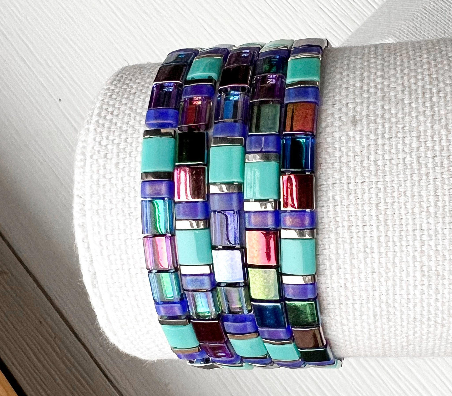 Vibrant Miyuki Tile Bracelet Handmade Stretch Design Colorful Boho Jewelry Rainbow Bead Pattern Japanese Beadwork Accessory Friendship Gift Idea Bohemian Wrist Fashion Comfortable Everyday Bracelet Women Girls Style Trendy Artisan Crafted