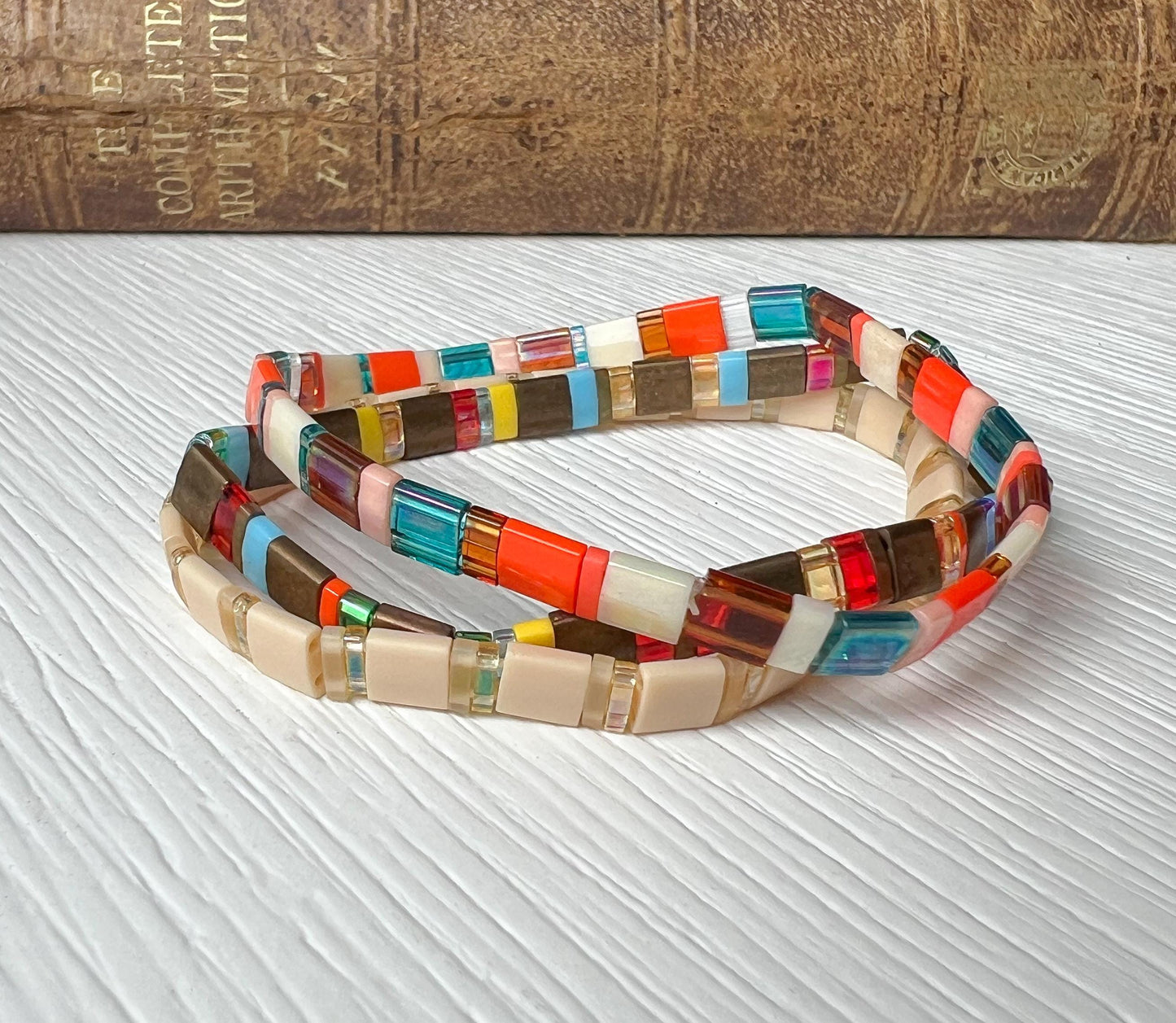 Stackable Bracelet Collection Handmade Tile Bead Design Miyuki Tila Beads Adjustable Jewelry Colorful Pattern Accessory Birthday Gift For Her Bridesmaid Jewelry Present Everyday Wear Comfortable Bohemian Style Stretch Bracelet Japanese
