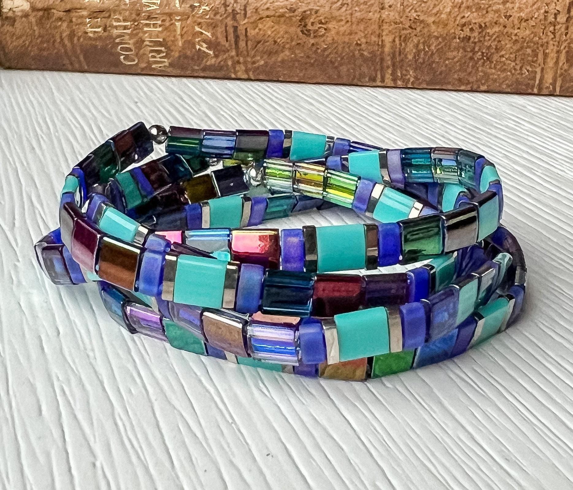 Bohemian Style Bracelet Handmade Miyuki Beads Colorful Stretch Band Japanese Tile Design Rainbow Pattern Jewelry Friendship Gift Accessory Vibrant Boho Fashion Comfortable Wrist Wear Women Daily Jewelry Artisan Beaded Bracelet Multi Color