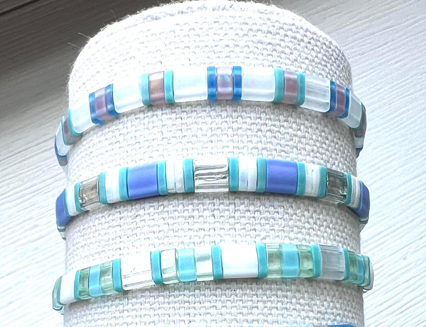 Bohemian Beach Bracelet Turquoise Stretch Band Handmade Tila Bead Design Summer Vacation Accessories Geometric Pattern Beadwork Aqua Glass Details Adjustable Elastic Fit Stackable Layering Jewelry Casual Everyday Wear Coastal Inspired Style