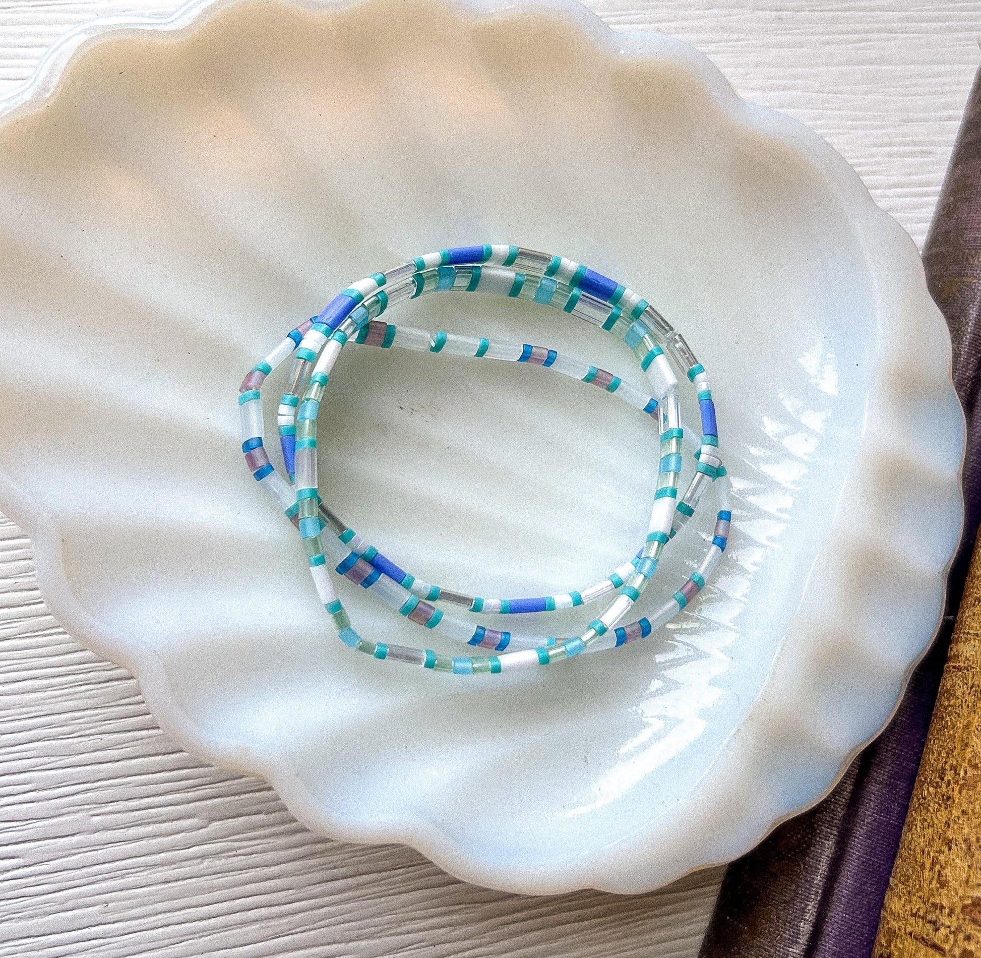 Stretch Band Bracelet Turquoise Tila Beads Adjustable Stackable Design Handmade Bohemian Beach Jewelry Geometric Pattern Style Aqua Clear Glass Beads Comfortable Elastic Fit Summer Vacation Accessories Casual Everyday Wear Layering Bracelet