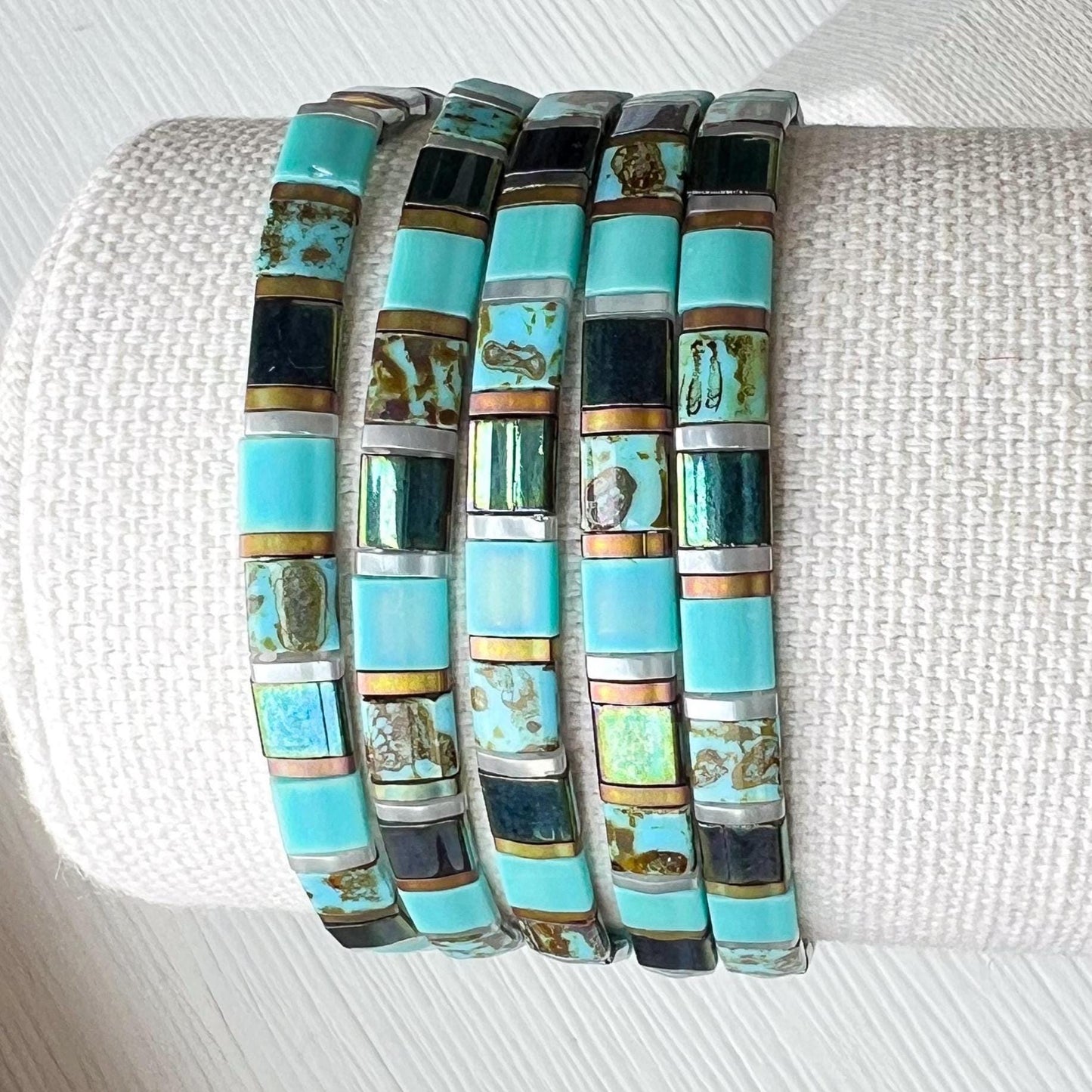 Stretch Bead Bracelet Turquoise Multi Strand Wrap Design Japanese Glass Tila Beads Stackable Boho Jewelry Collection Minimalist Accessory Perfect Everyday Layering Handmade Bracelet Gift Ready Thin Profile Fashion Jewelry Miyuki Bead