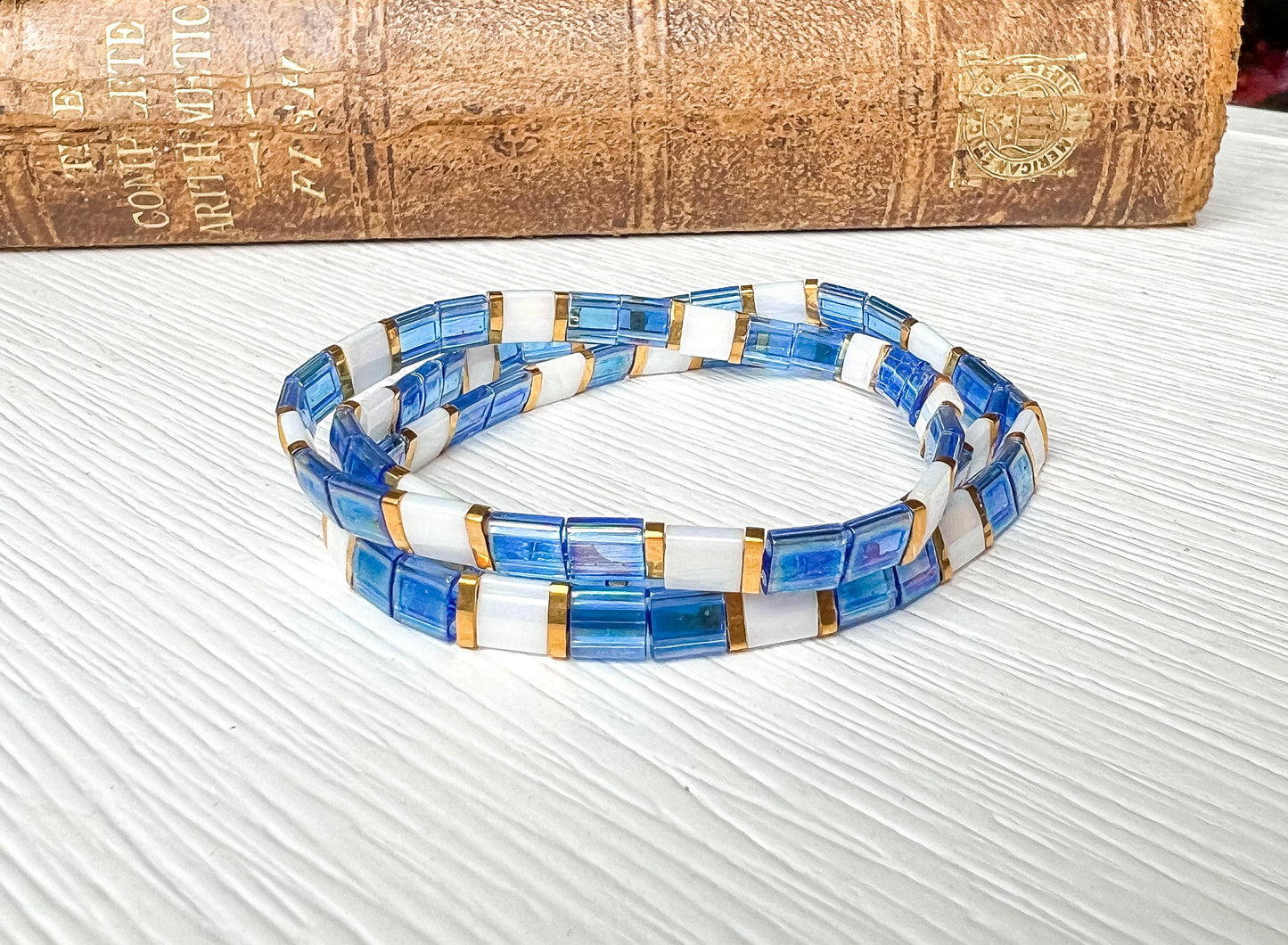 Handmade Tila Bracelet Collection Miyuki Bead Design Turquoise Blue Stretch Band Stackable Set Japanese Beads Quality Crafted Jewelry Everyday Wear Accessories White Gold Color Block Pattern Elastic Comfortable Fit Minimalist Style Boho