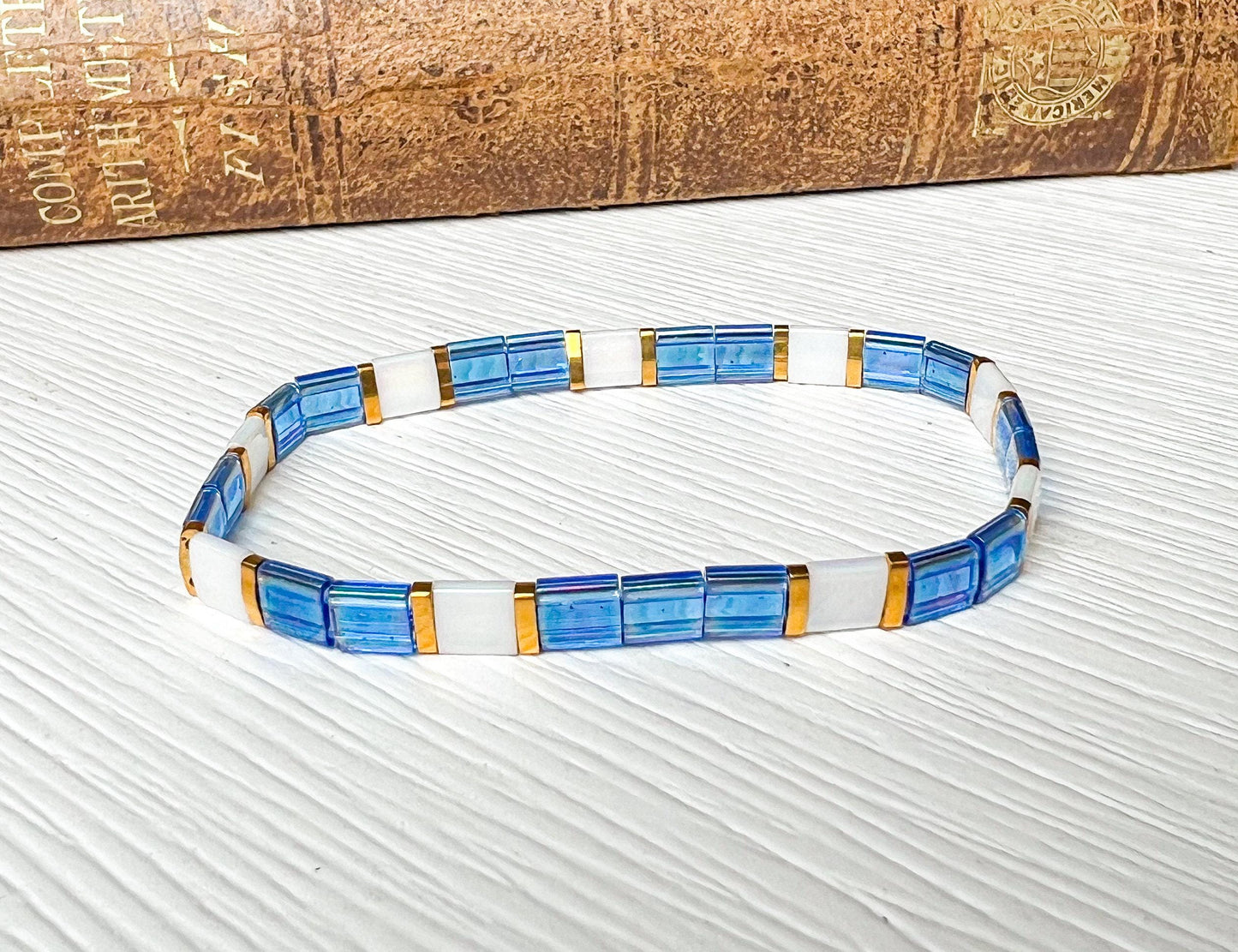 Stretch Tila Bead Bracelet Stackable Jewelry Set Turquoise Blue White Design Miyuki Beads Handmade Collection Elastic Band Comfortable Wear Layered Fashion Style Gold Spacer Details Geometric Pattern Modern Accessories Boho Minimalist Look