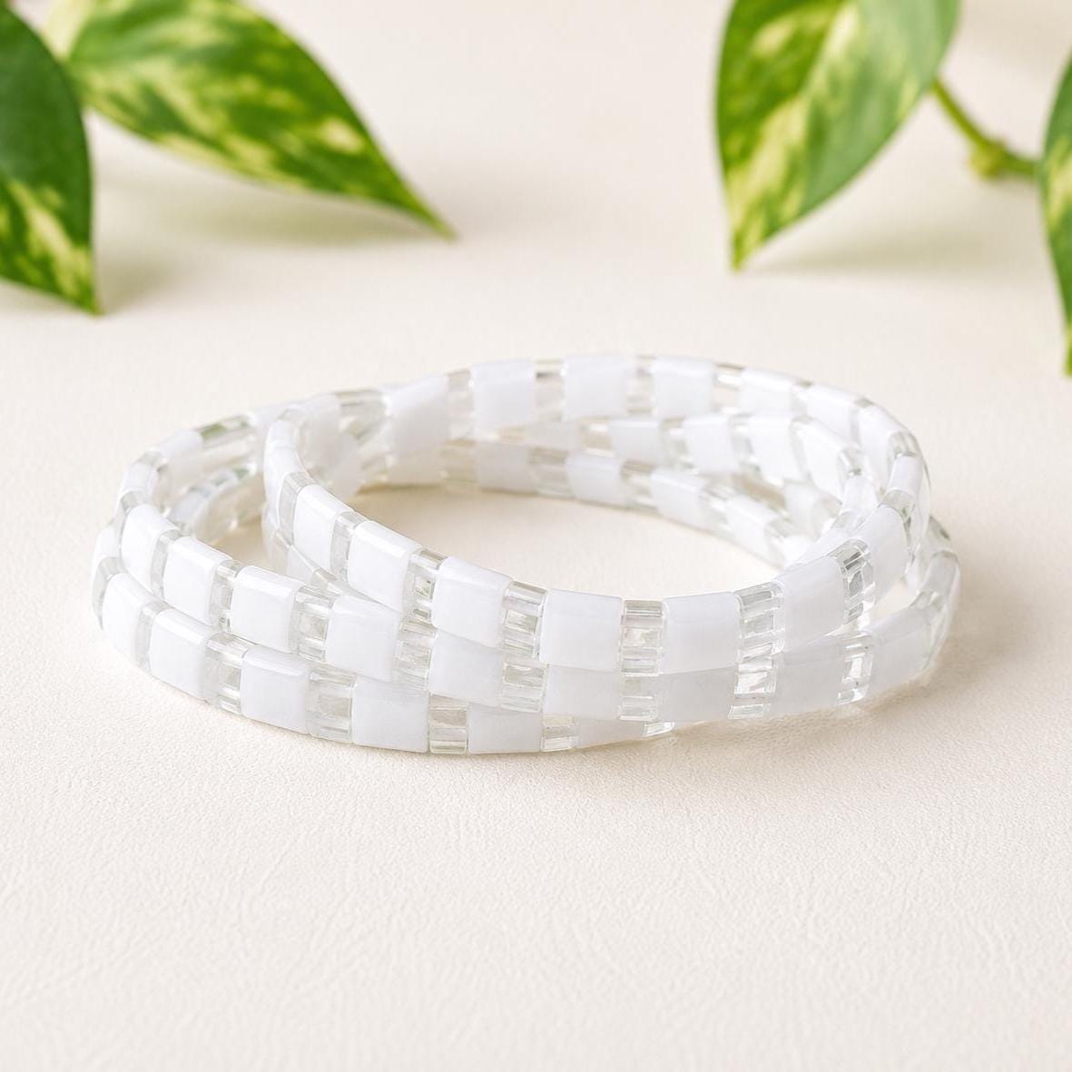 Miyuki Bead Bracelet Set White Checkerboard Pattern Stackable Stretch Design Japanese Tile Beads Square Bead Jewelry Minimalist Style Accessories Handcrafted Collection Everyday Wear Bracelet Layering Jewelry Set Clear Transparent Beads